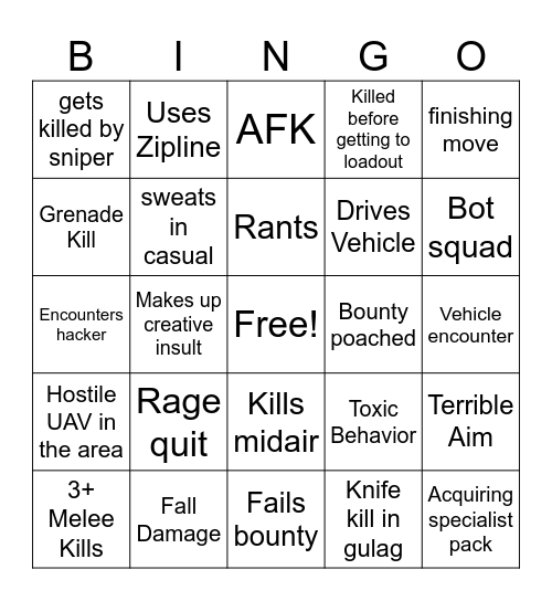 COD WARZONE: luke's Experiences Bingo Card