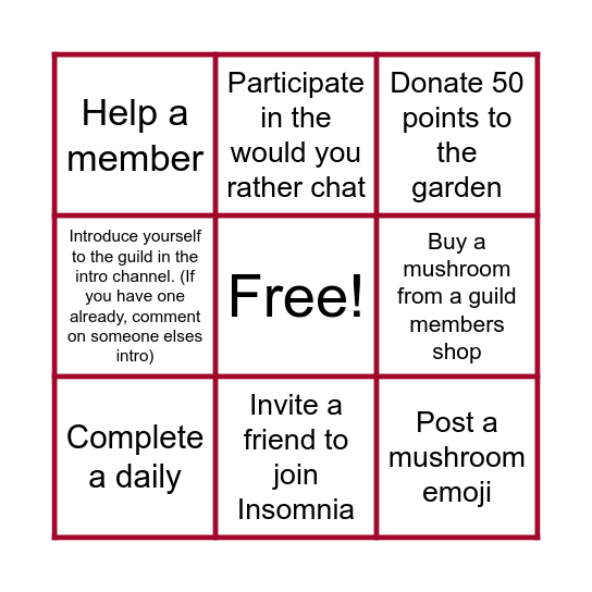 Mushroom Bingo Card