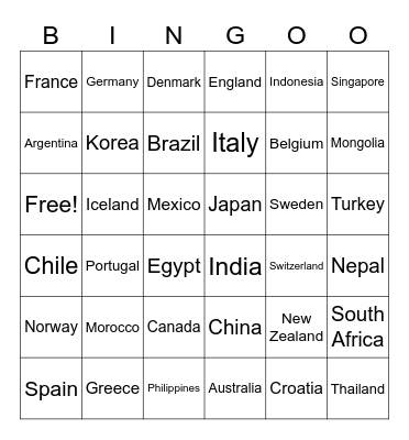 Country Names Bingo Card