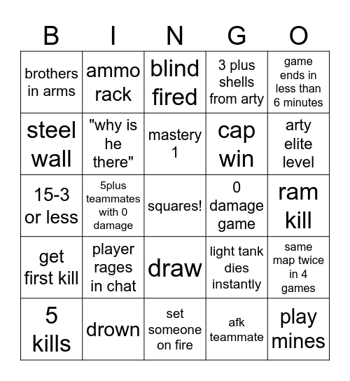 world of tanks bingo Card