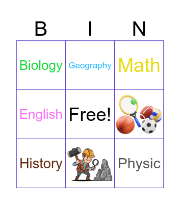 Subject Bingo Card