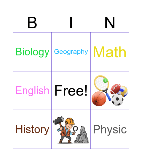 Subject Bingo Card