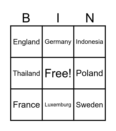 country Bingo Card
