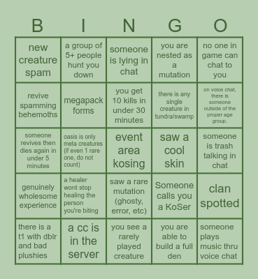 CoS bingo Card