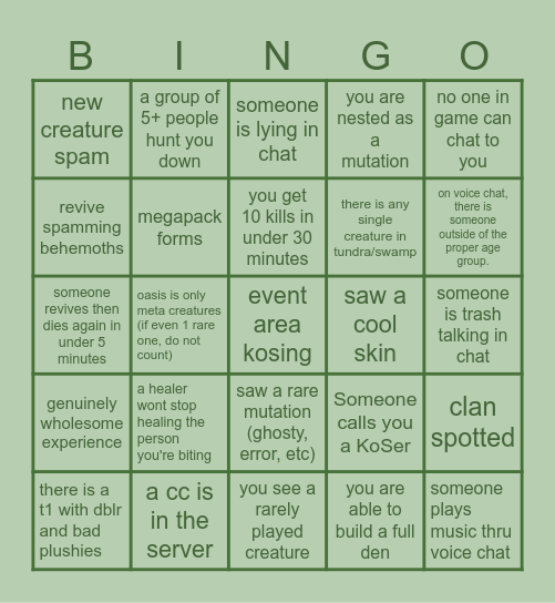 CoS bingo Card