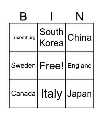 country Bingo Card