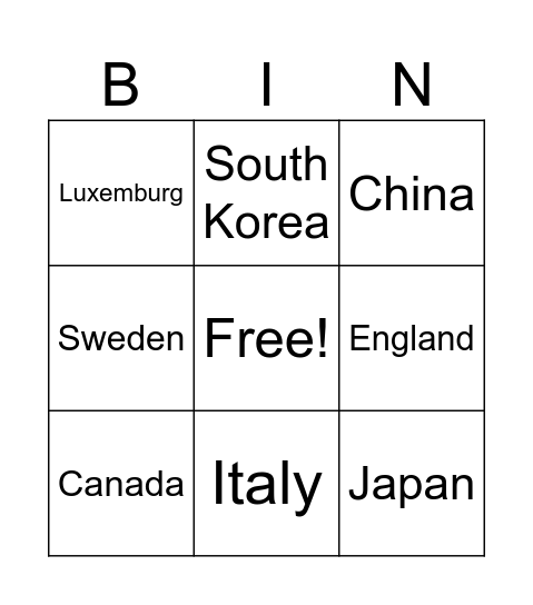 country Bingo Card