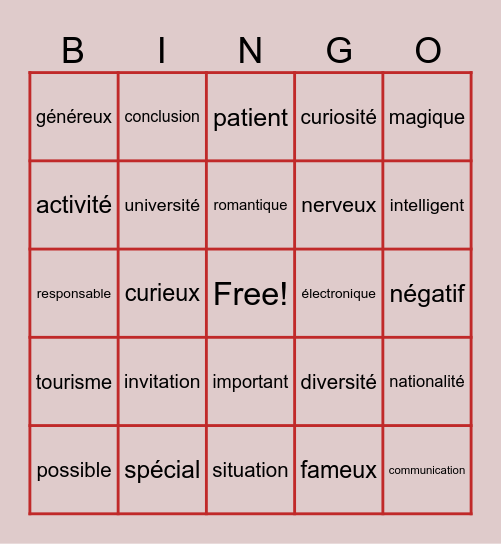 Les mots apparentés Bingo Card