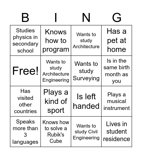 ACE Orientation Day Bingo Card