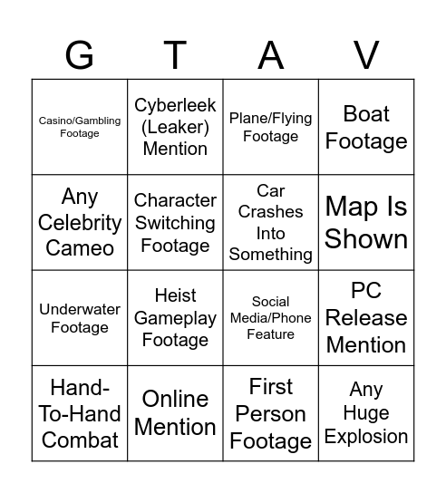 GTA VI: An Extended Look┃AUGUST 27TH Bingo Card