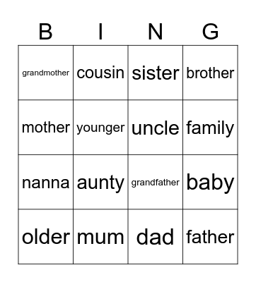 Family Bingo Card