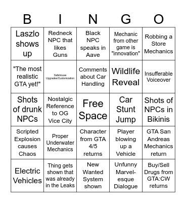 GTA 6 Reveal Bingo Card
