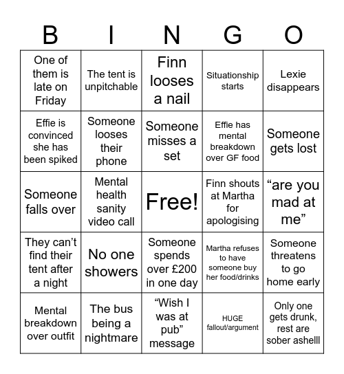 Leeds festival Bingo Card