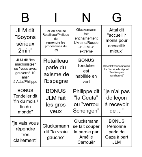 Débat présidentiel Bingo Card