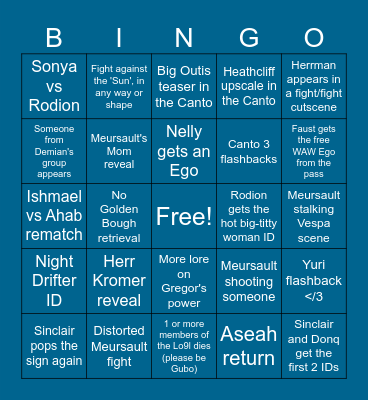Canto X/Season 8 Bingo Card