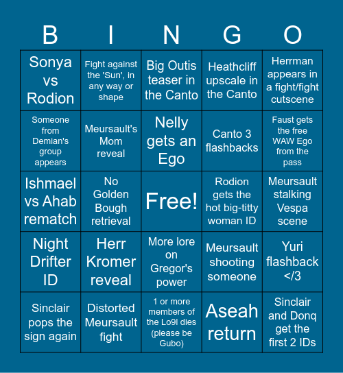 Canto X/Season 8 Bingo Card