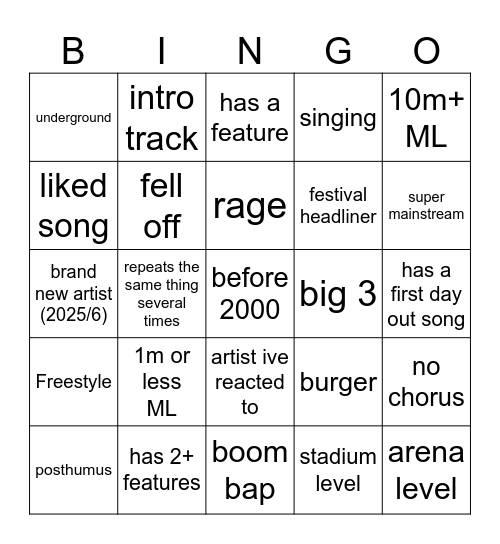 spotify shuffle bingo Card
