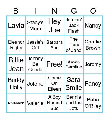 Ann Arbor Eagles Bingo!!  Songs with names in the title Bingo Card