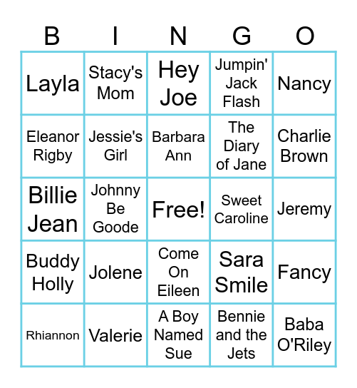 Ann Arbor Eagles Bingo!!  Songs with names in the title Bingo Card