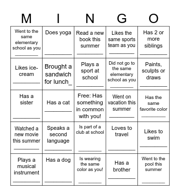 Mingle Bingo Card