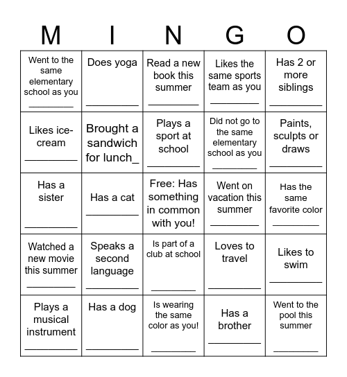 Mingle Bingo Card