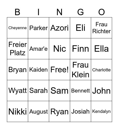 F: Wie heißt du? / A: Ich heiße _______ Bingo Card
