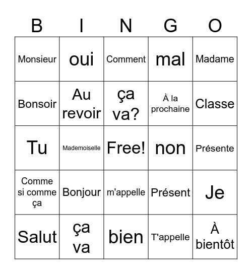 French 6- Basics Bingo Card