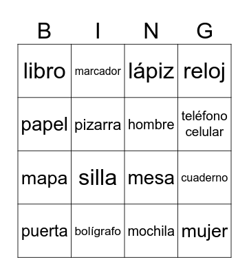 Classroom vocabulary Bingo Card