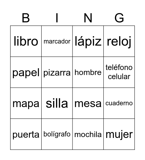 Classroom vocabulary Bingo Card