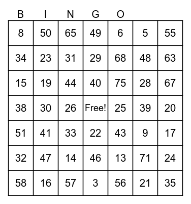 Number Bingo 1-75 Bingo Card