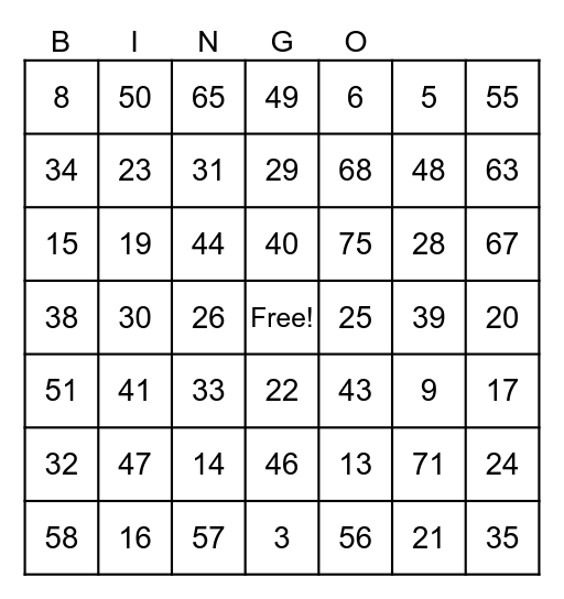 Number Bingo 1-75 Bingo Card