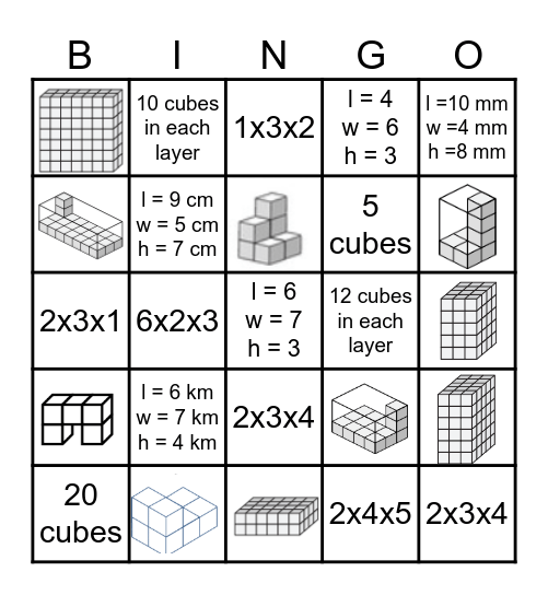 Volume of a Rectangular Prism Bingo Card