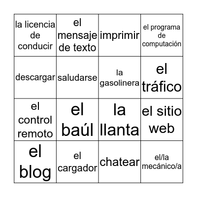 Bingo en Español Bingo Card