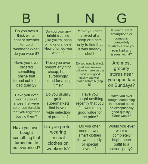 What’s in the Shops? Bingo Card