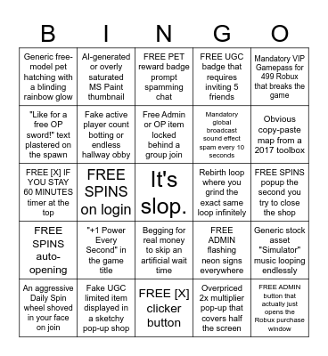Roblox slop game (AI) Bingo Card