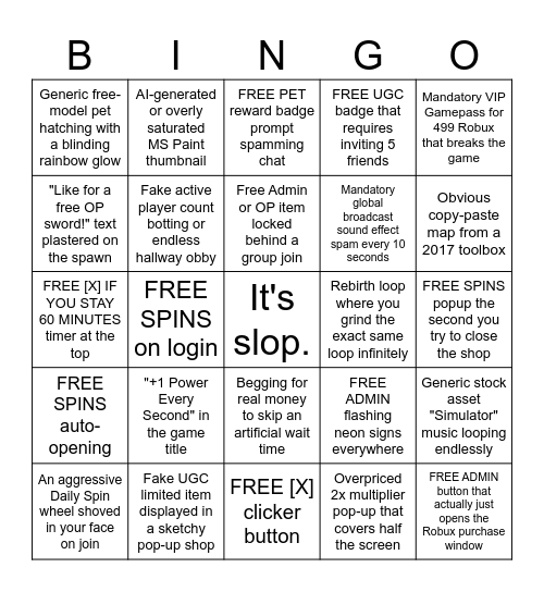 Roblox slop game (AI) Bingo Card