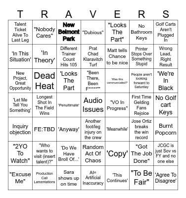 TRAVERS BINGO Card