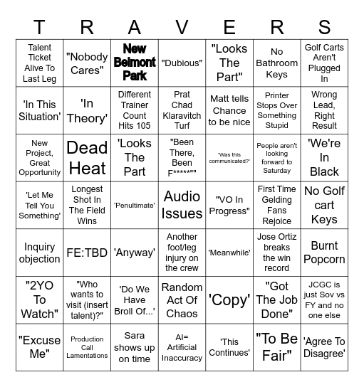 TRAVERS BINGO Card