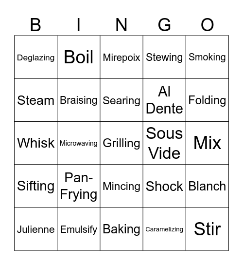 Cooking Terms and Techniques Bingo Card
