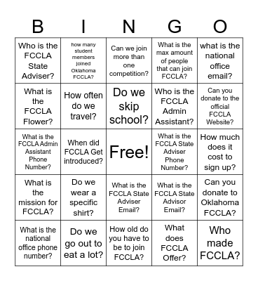 Aura FCCLA Bingo Card Bingo Card