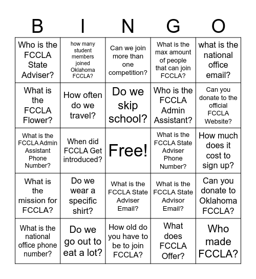 Aura FCCLA Bingo Card Bingo Card