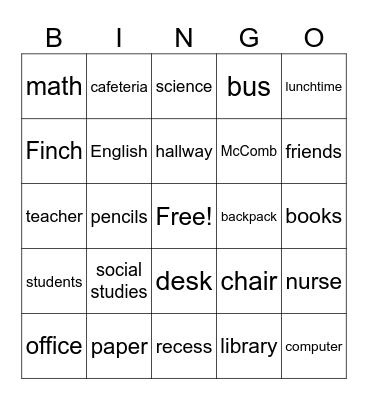 Back to School Bingo Card