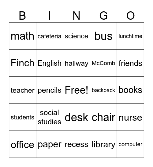 Back to School Bingo Card