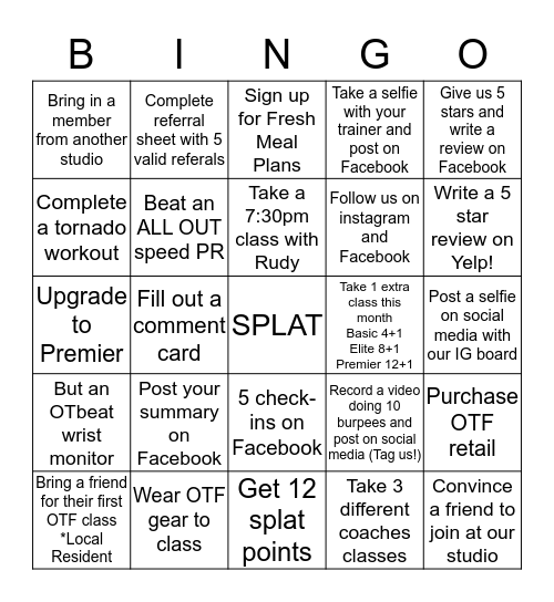 Splat Bingo Card