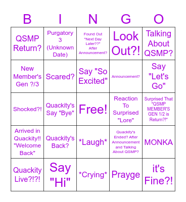 Quackity's Live!! Bingo Card
