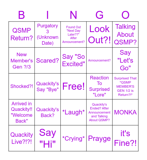 Quackity's Live!! Bingo Card