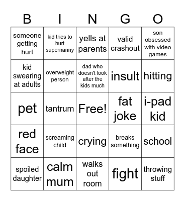 supernanny Bingo Card