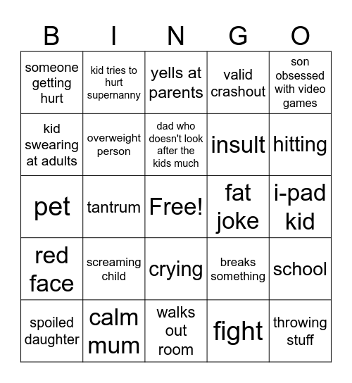 supernanny Bingo Card