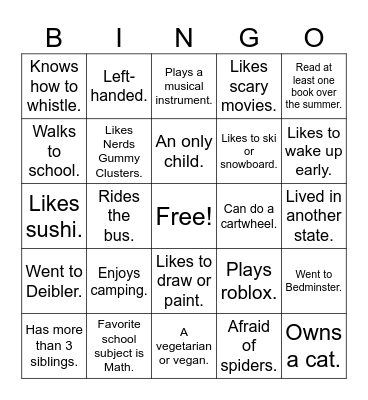 About Me Bingo Card