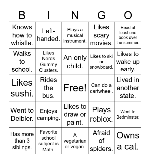 About Me Bingo Card